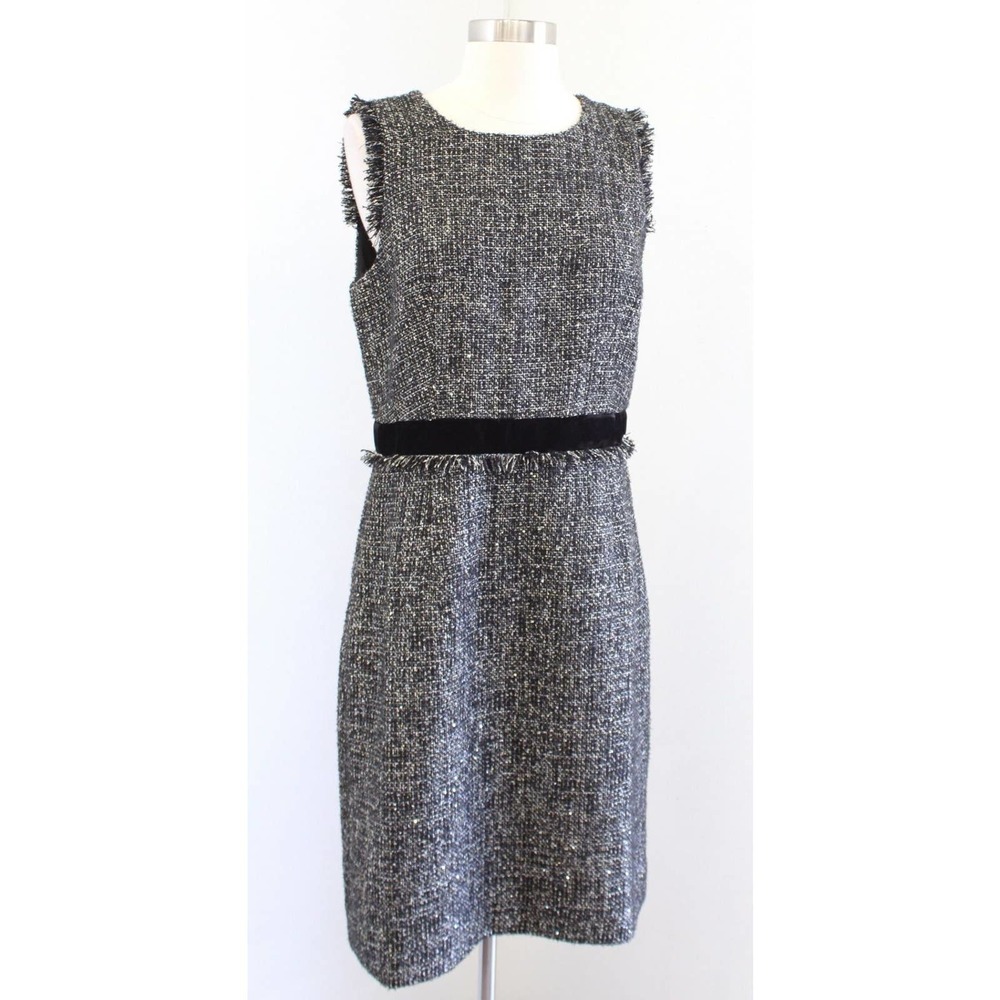 J Crew Sparkling Constellation Metallic Tweed Fringe Velvet Trim Sheath Dress 8